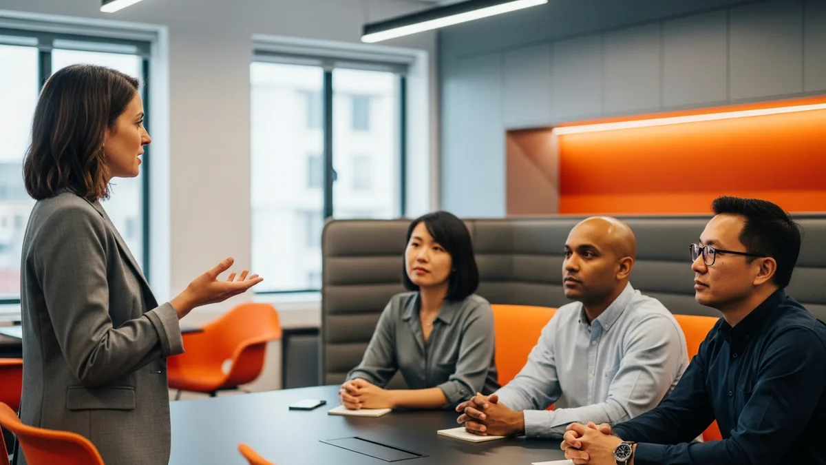 Program manager leading a cross team dependency discussion with three engineers around a conference table