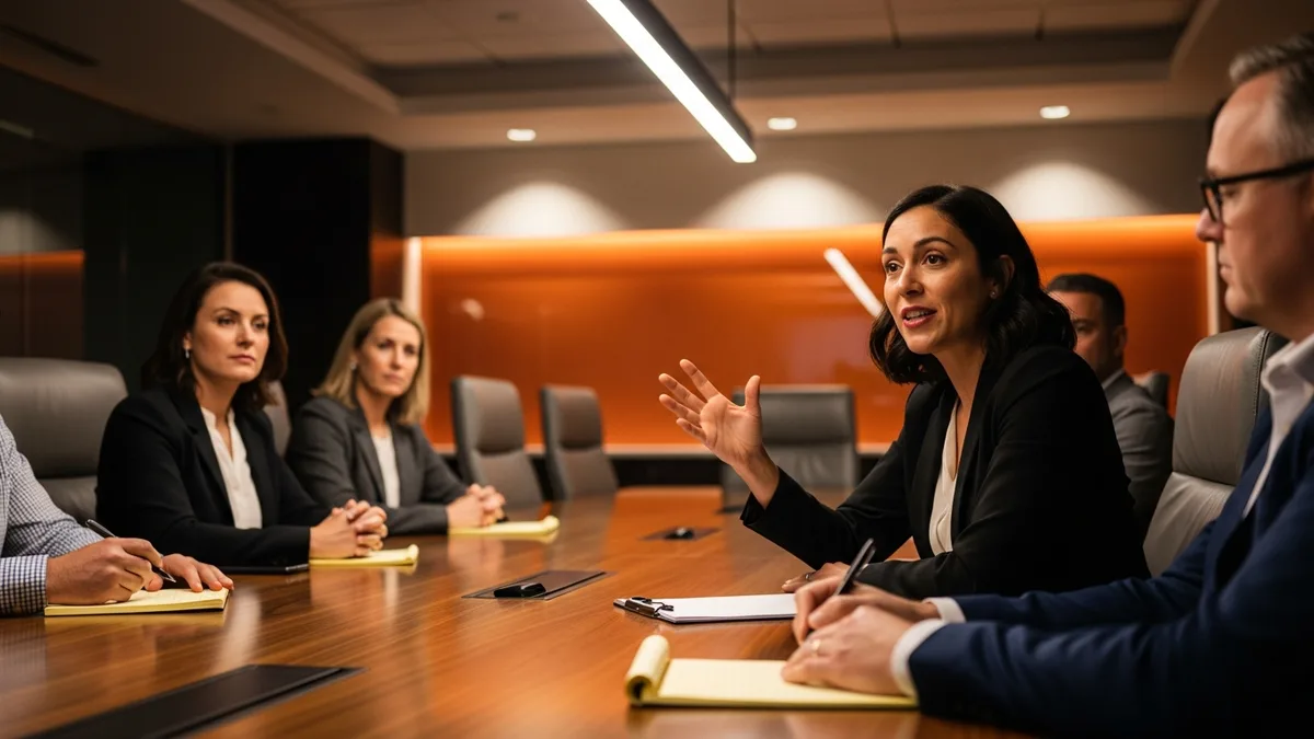 Interim program manager leading a steering committee meeting with four executives