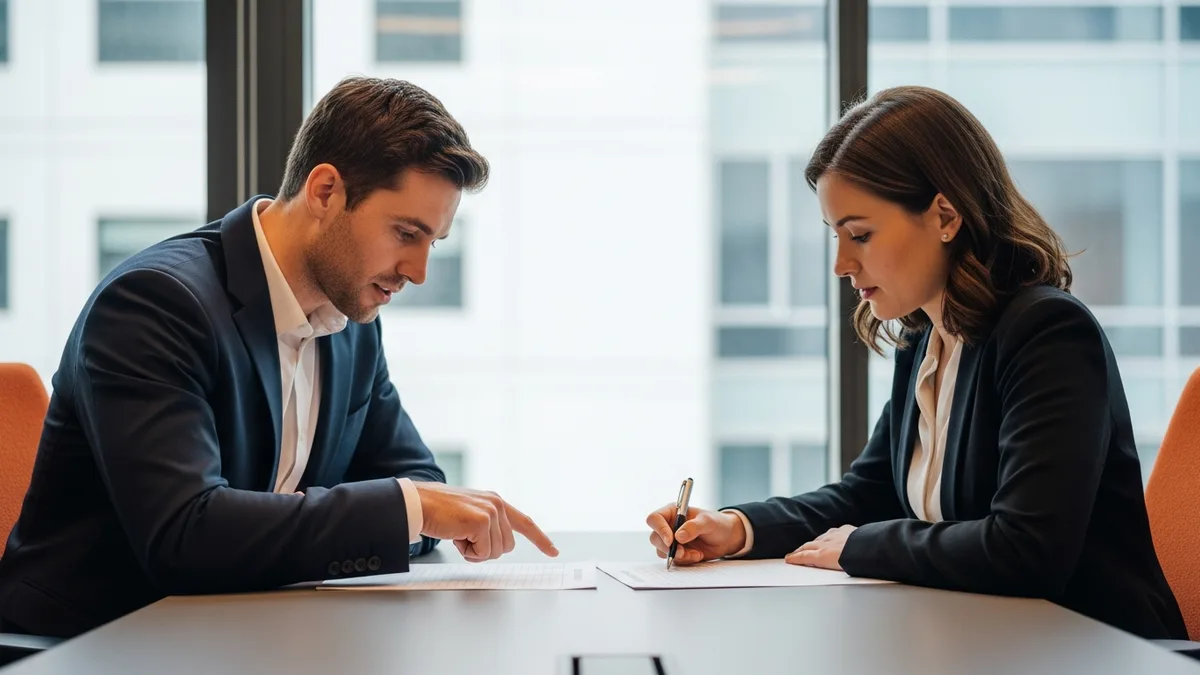 Two interviewers comparing printed prompt engineer interview scorecards during a debrief