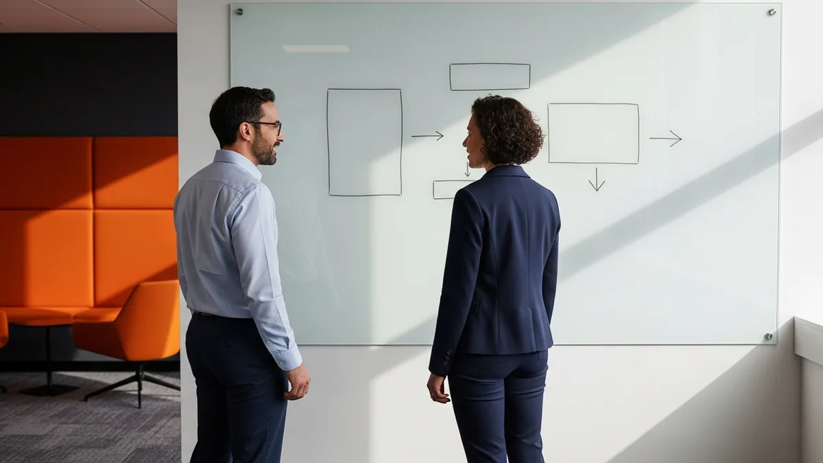 Two engineers mapping an LLM evaluation harness and context pipeline on a glass whiteboard