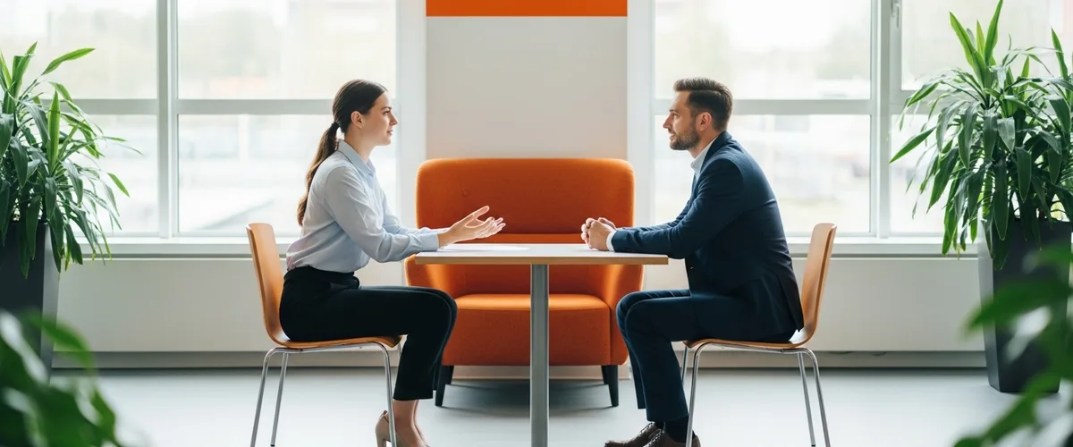 Hiring manager and prompt engineer candidate seated across a table during a 2026 interview