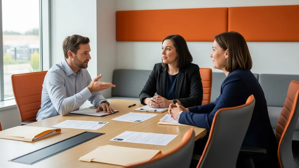 Three hiring managers reviewing prompt engineer candidate materials in a conference room