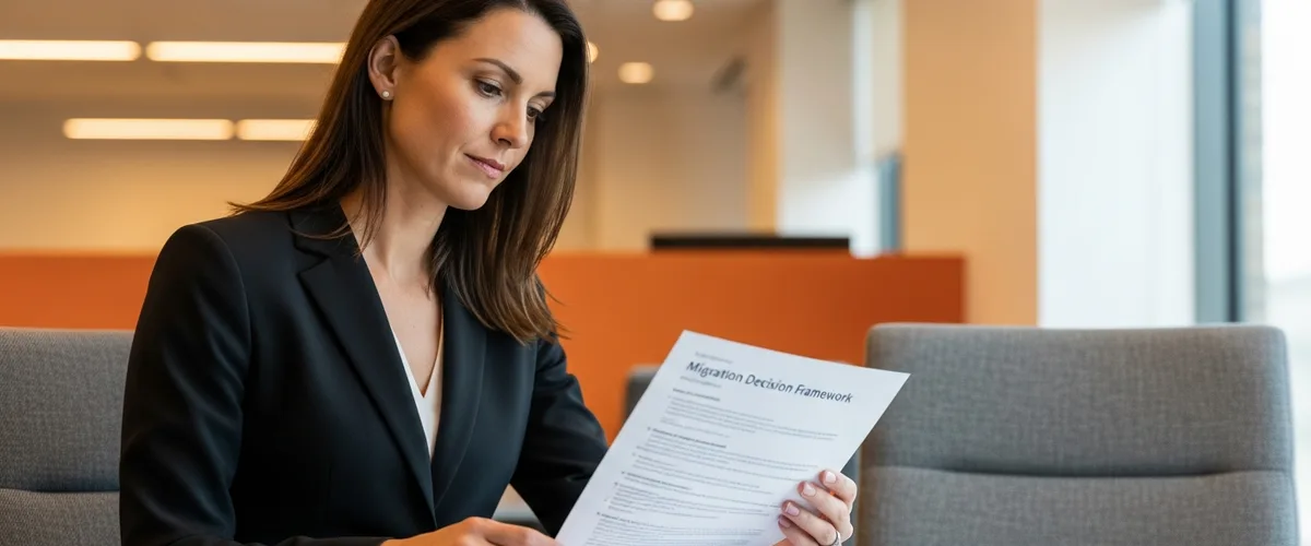 CFO reviewing a printed QuickBooks to NetSuite migration decision framework in a mid-market company office