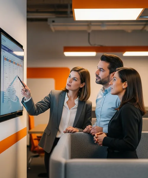 Small project team holding a gate review meeting during a QuickBooks to NetSuite migration