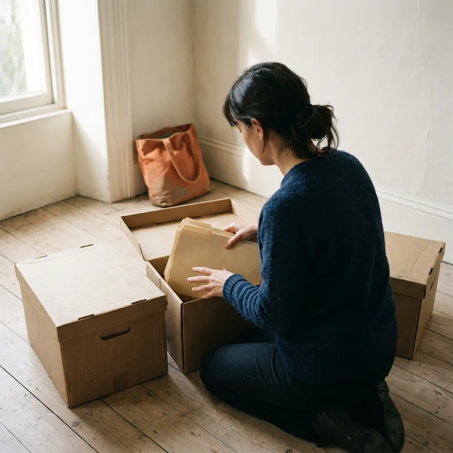 Employee boxing archived accounting files that stay in QuickBooks read-only after a NetSuite cutover