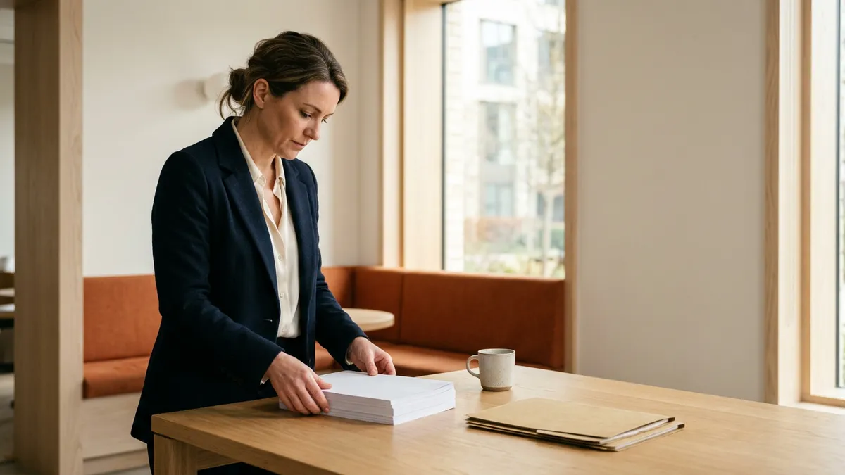 Finance controller squaring a stack of printed month-end reports before a QuickBooks to NetSuite migration