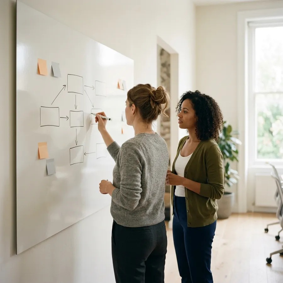 Two consultants mapping QuickBooks records to NetSuite records on a whiteboard during migration planning