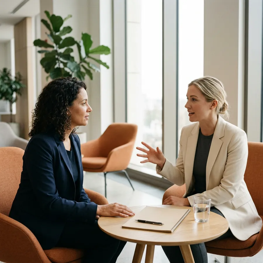 KORE1 recruiter interviewing a NetSuite migration consultant candidate in an office lobby