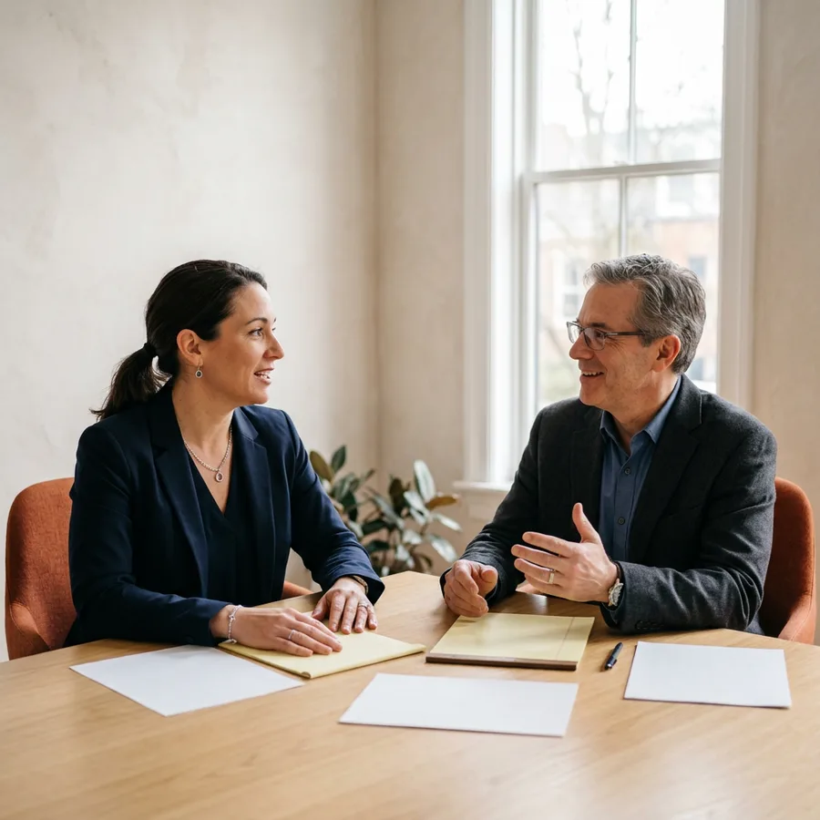 Talent acquisition leader and finance manager discussing recruiting coordinator headcount across a conference table