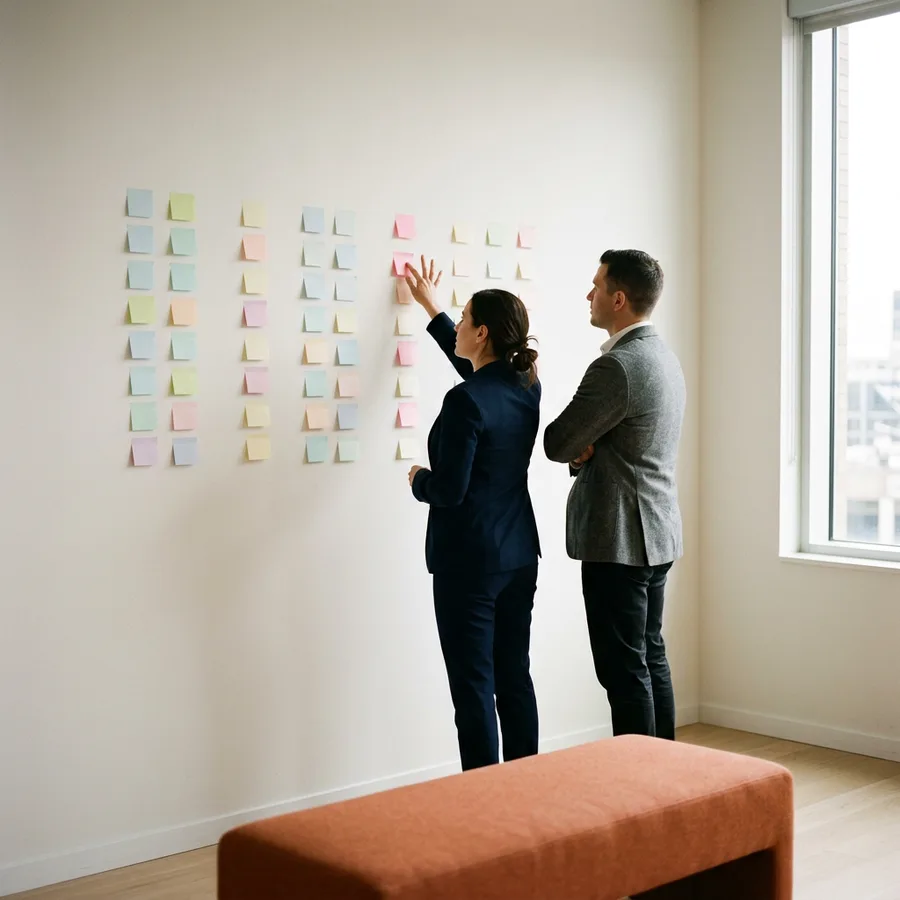 Two talent team members mapping interview panel availability across sticky notes on a glass wall