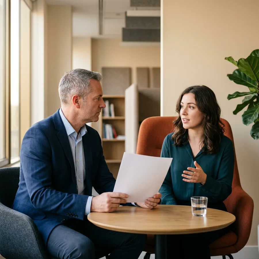 KORE1 recruiter interviewing a recruiting coordinator candidate with a printed resume in hand