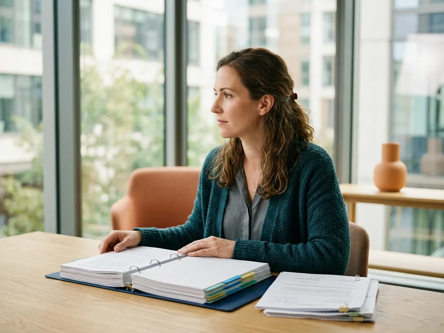 Software engineer reviewing a printed change control binder beside a stack of signed approval forms, KORE1 regulated industry software engineer staffing