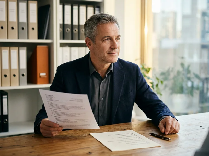 Experienced KORE1 technology recruiter reviewing a printed candidate profile and an audit checklist at a warm office desk, regulated industry engineer staffing agency