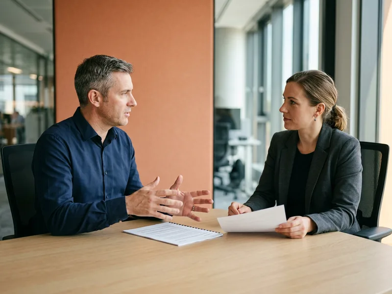 KORE1 technical recruiter and a software engineer candidate talking through a printed incident report across a bright meeting table, regulated industry engineer screening