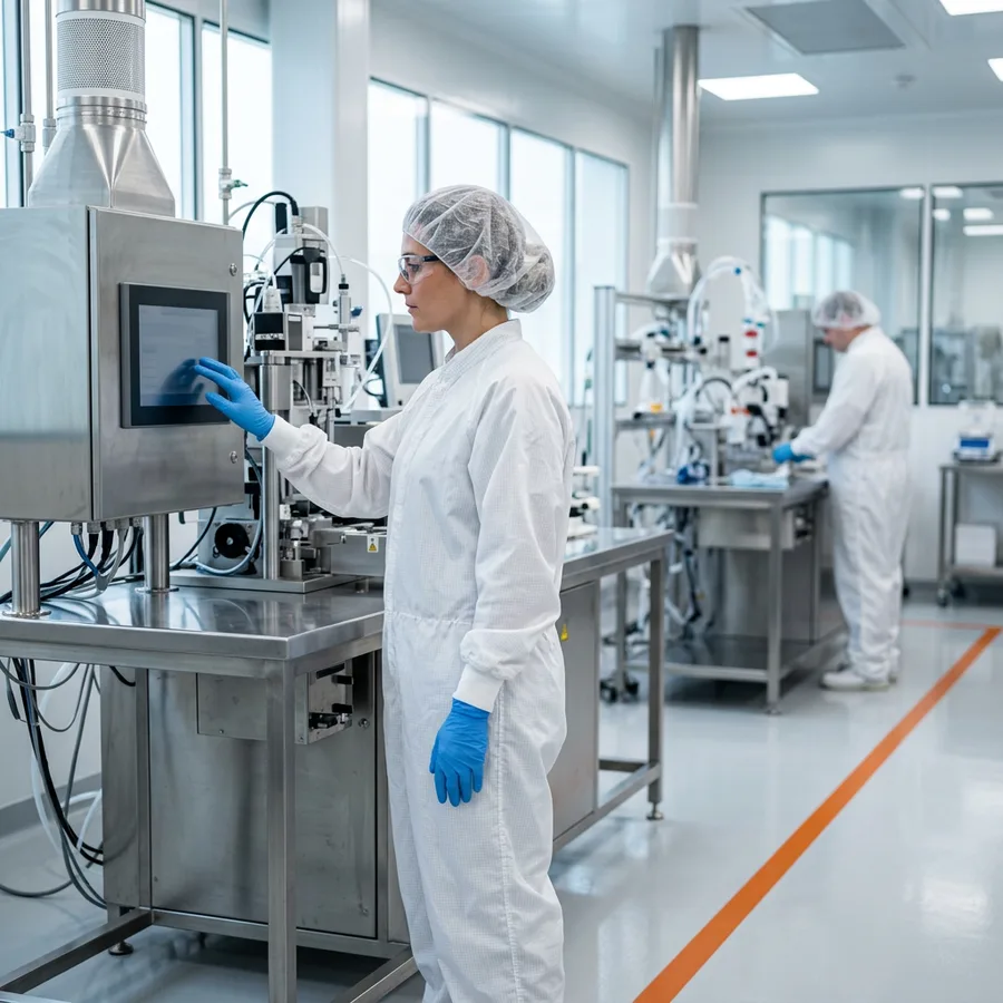 A gowned technician operating a validated control system inside a medical device clean room where contractor access requires documented training