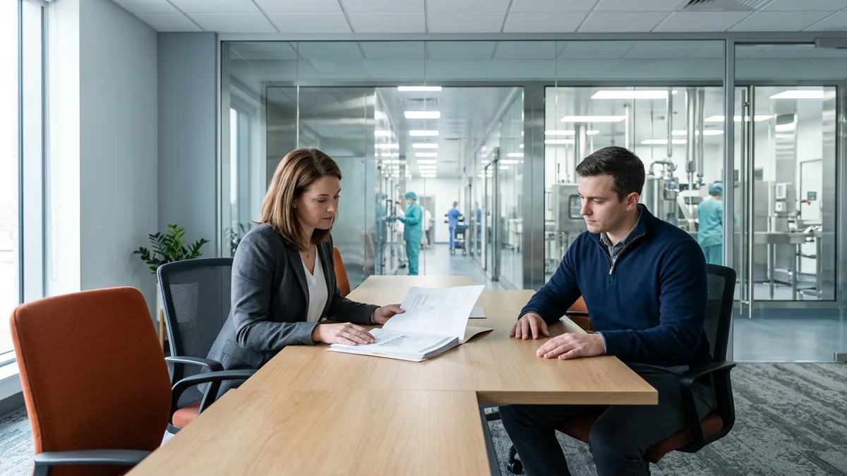 A KORE1 recruiter and a compliance lead reviewing regulated industry hiring documents beside a clean room corridor