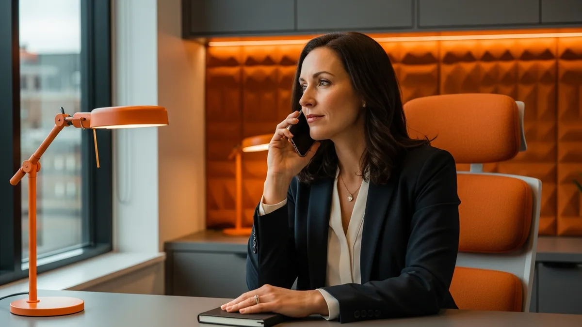 Hiring manager on a phone call in a private office deciding whether to rehire a former employee