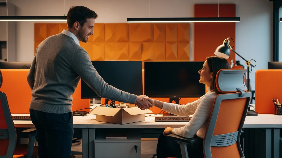 Returning boomerang employee shaking hands with a colleague at his old workstation on his first day back