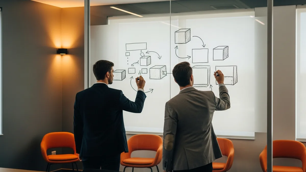 Two engineers sketching a service architecture diagram on a glass whiteboard