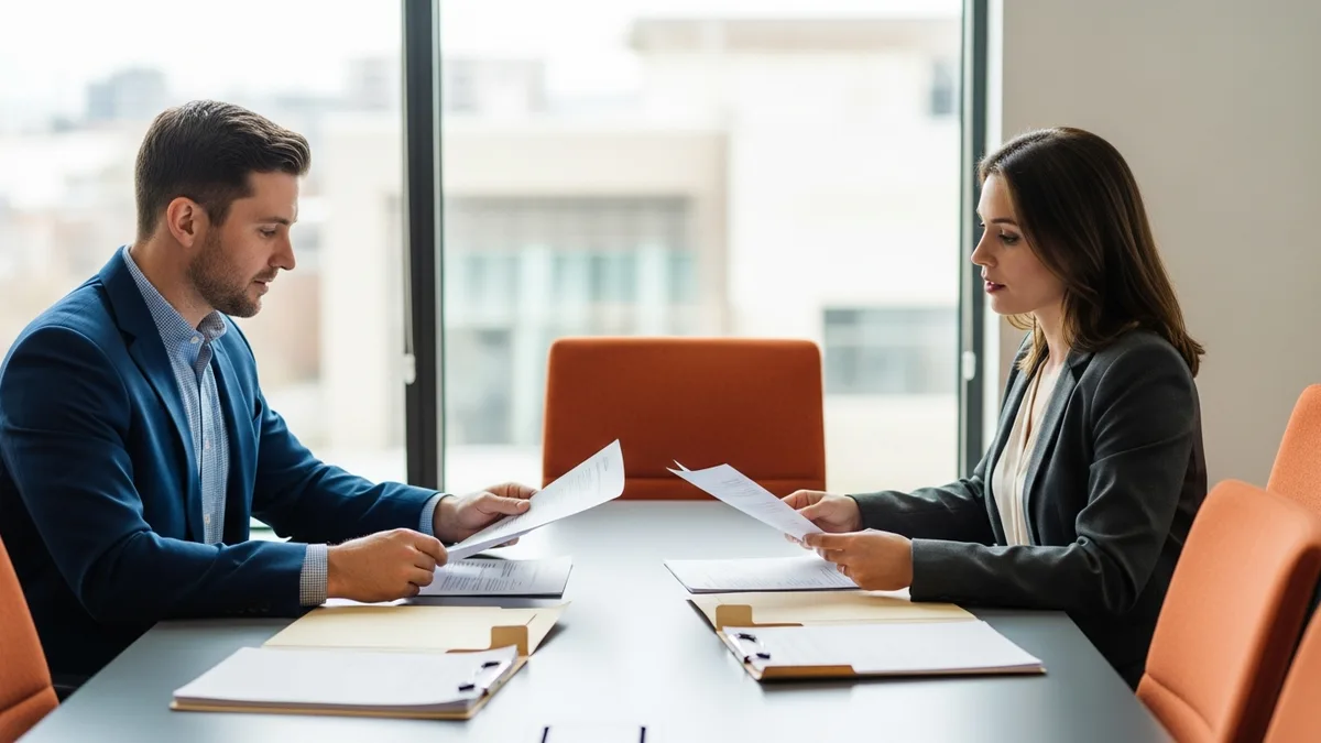 Hiring manager and recruiter reviewing printed compensation benchmark reports at a conference table