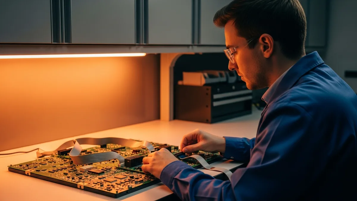 Systems engineer working on circuit board hardware at a lab workbench