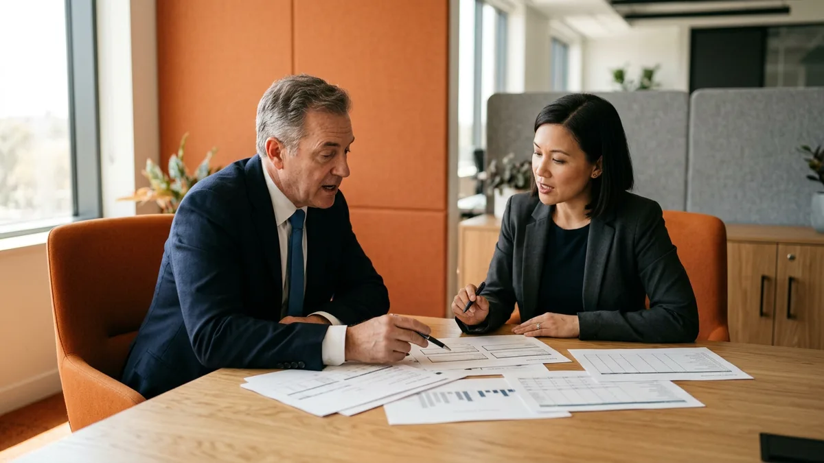 CFO and controller reviewing printed close and consolidation reports while scoping a Sage Intacct consultant requisition