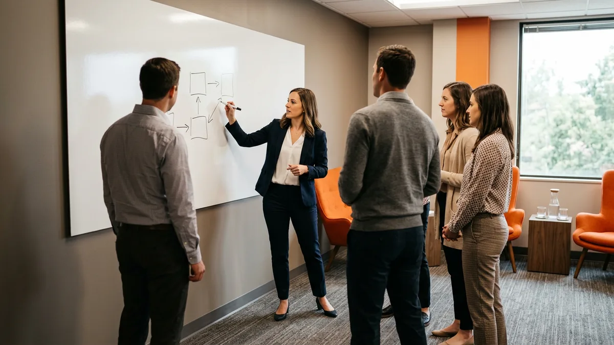 Accounting team at a whiteboard mapping a Sage Intacct dimension structure before implementation