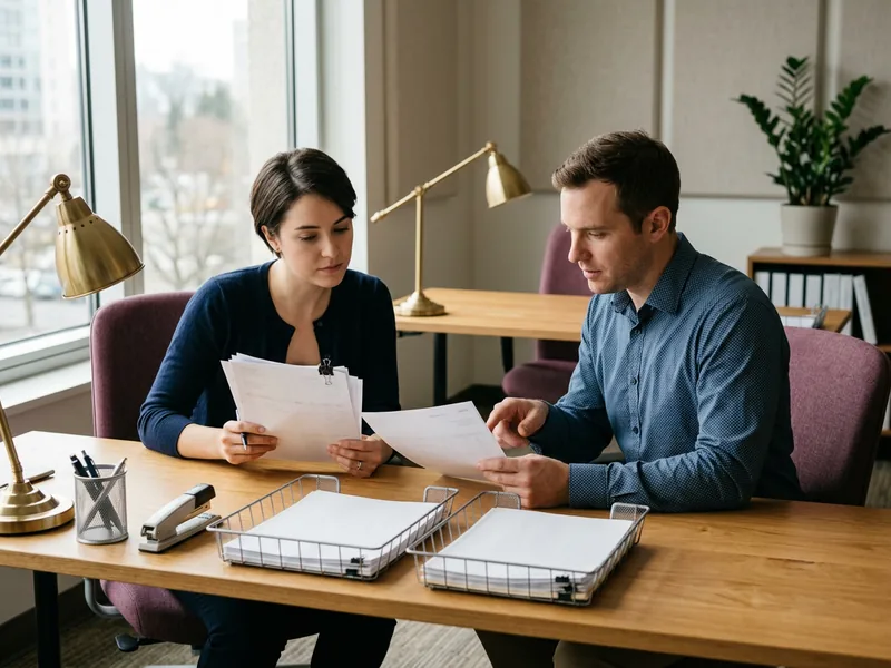Accounts payable specialist and Sage Intacct consultant comparing printed invoice packets and a purchase order at a desk