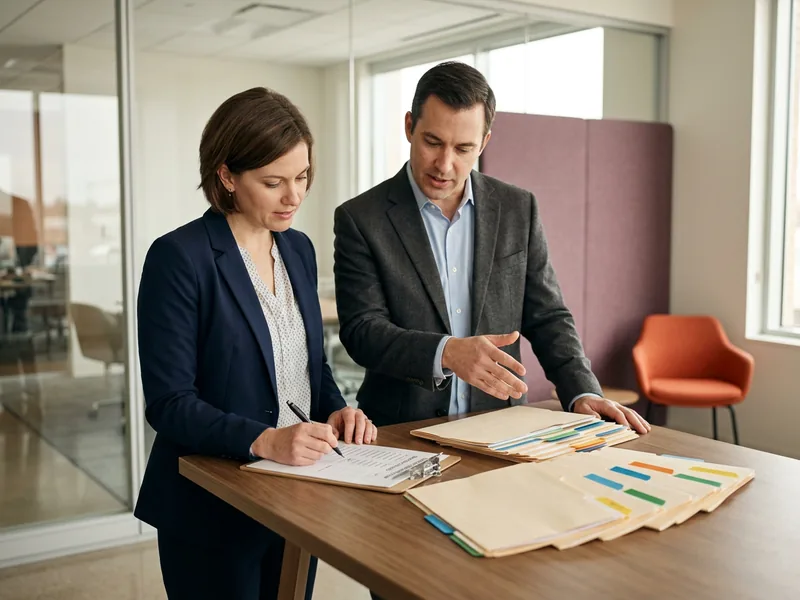 Controller and Sage Intacct consultant working through a printed month-end close checklist beside stacks of tabbed folders