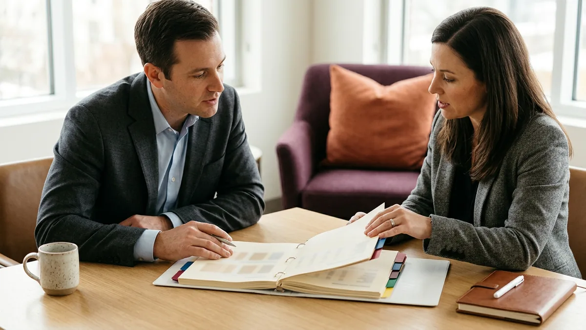 Sage Intacct consultant and a company controller reviewing a tabbed financial statement binder at a conference table, KORE1 Sage Intacct consultant staffing