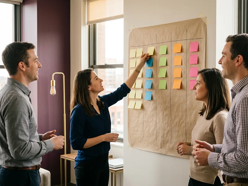Finance and operations team grouping sticky notes into implementation workstreams during a Sage Intacct planning workshop