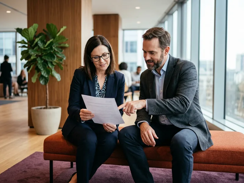 KORE1 recruiter reviewing a Sage Intacct consultant candidate profile with a finance hiring manager in an office lobby