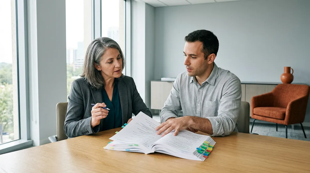 SAP program lead and ABAP developer reviewing a printed custom code inventory at a conference table, KORE1 SAP ABAP developer staffing