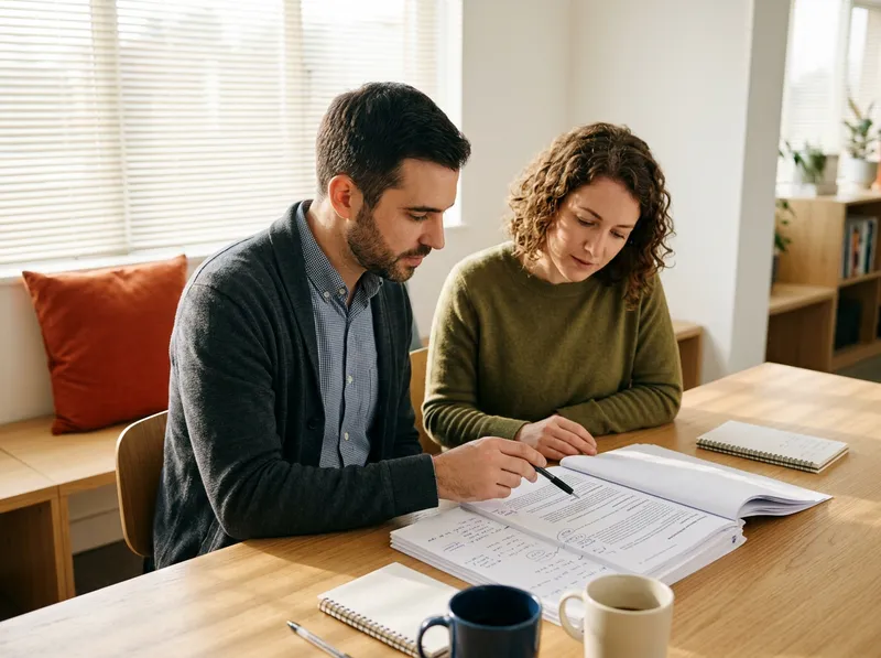 Two SAP developers comparing handwritten notes on a printed program specification in a bright office