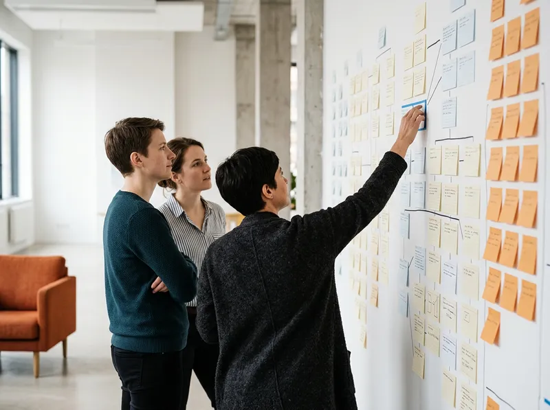 SAP project team sorting index cards into workstreams on a whiteboard wall during a conversion planning session