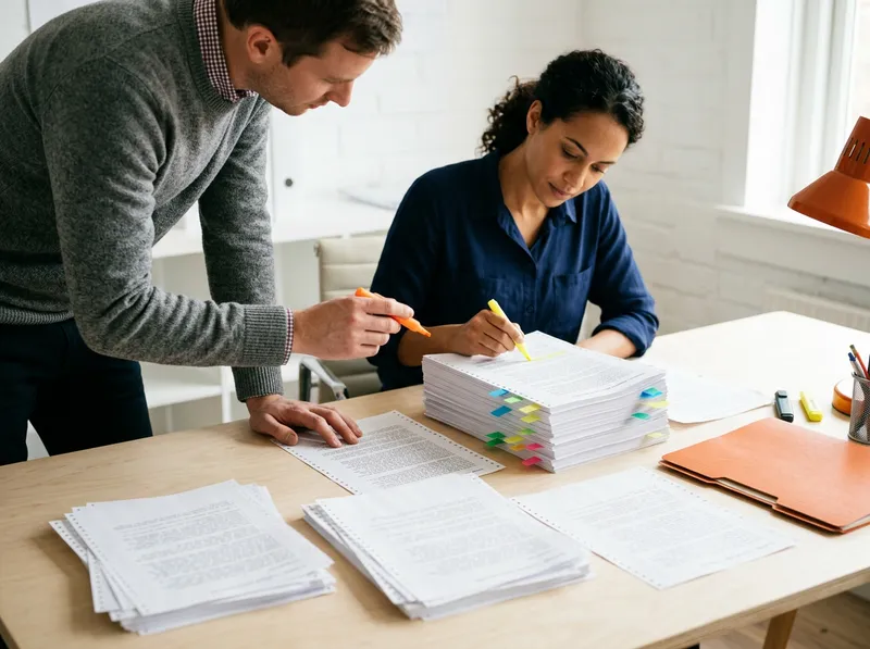SAP developer and IT manager marking up a stack of printed custom program listings with colored tabs