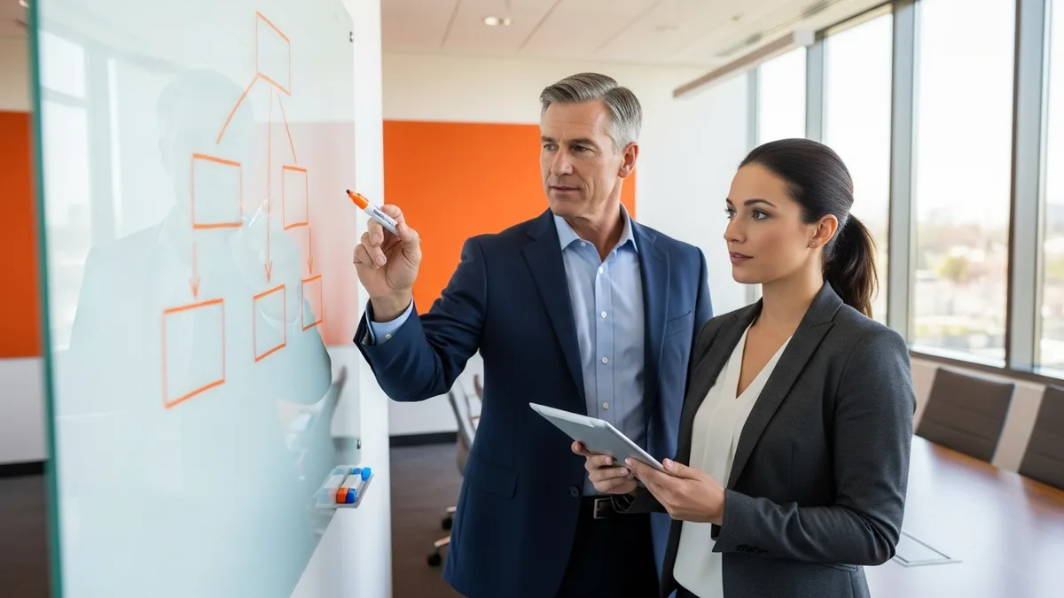 Hiring manager and recruiter planning a job description on a whiteboard org chart