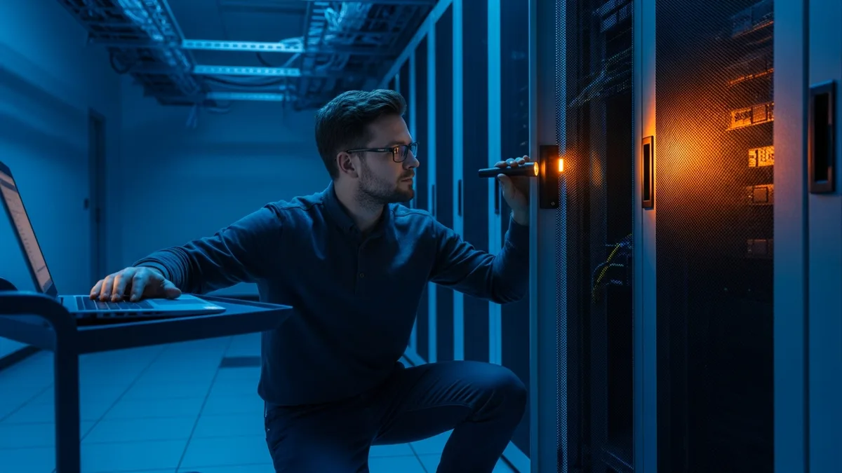 SAP Basis administrator checking a server rack and laptop during a maintenance window