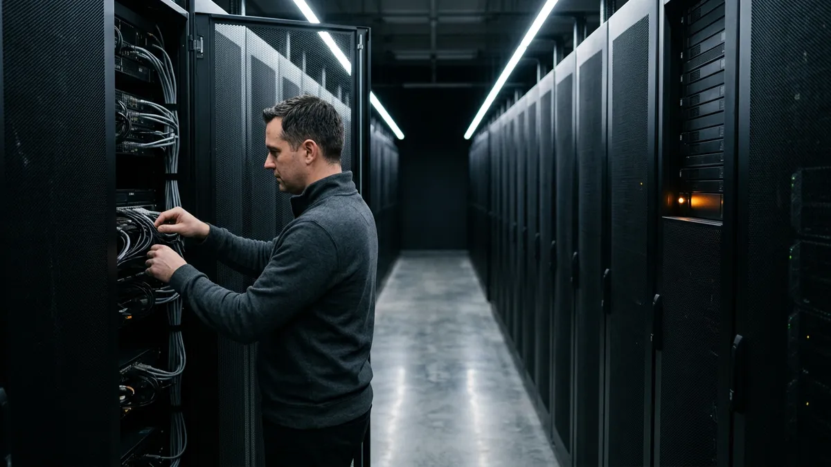 SAP Basis administrator dressing cabling in a data center aisle during a maintenance window