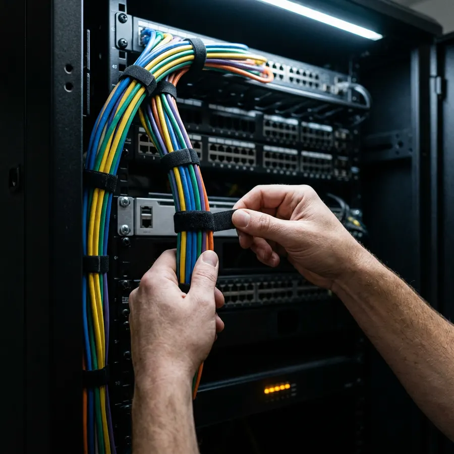 Hands securing patch cabling inside a rack, the physical layer an SAP Basis team owns