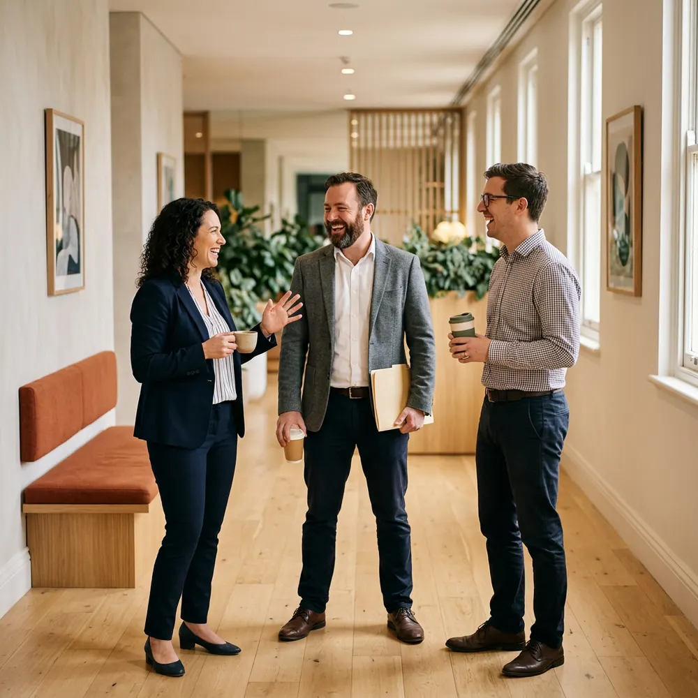 Three SAP consultants talking together in a bright office corridor after a project meeting