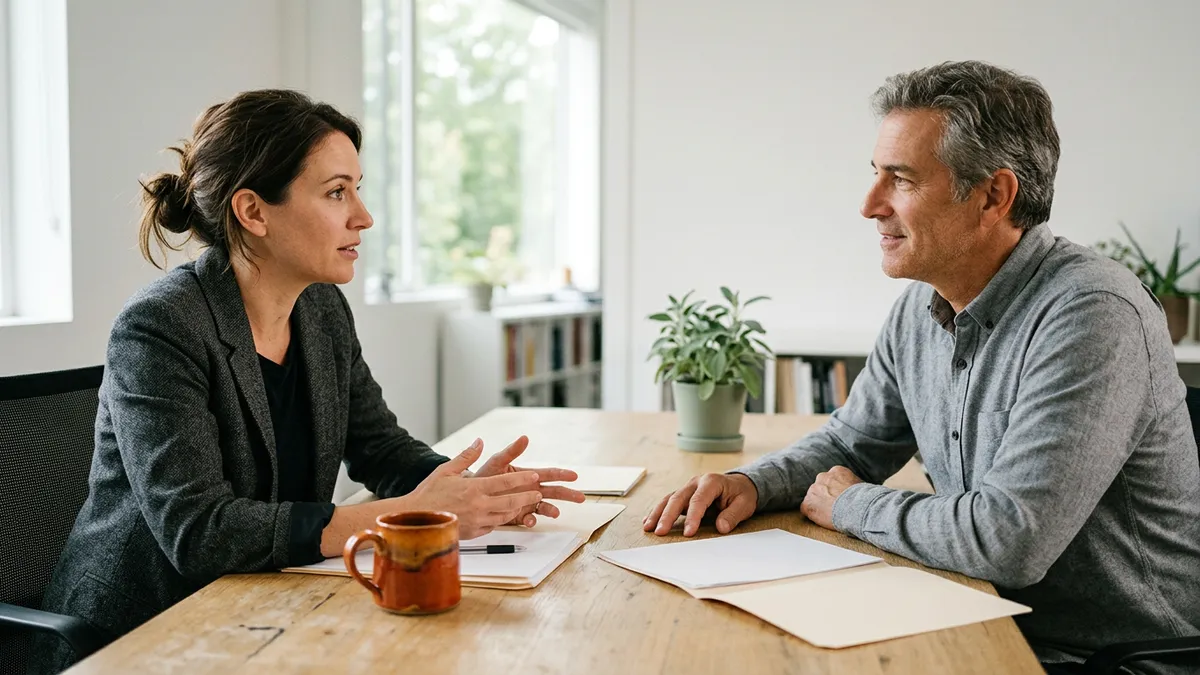 A KORE1 SAP recruiter and a hiring manager reviewing printed SAP consultant profiles across a bright office table