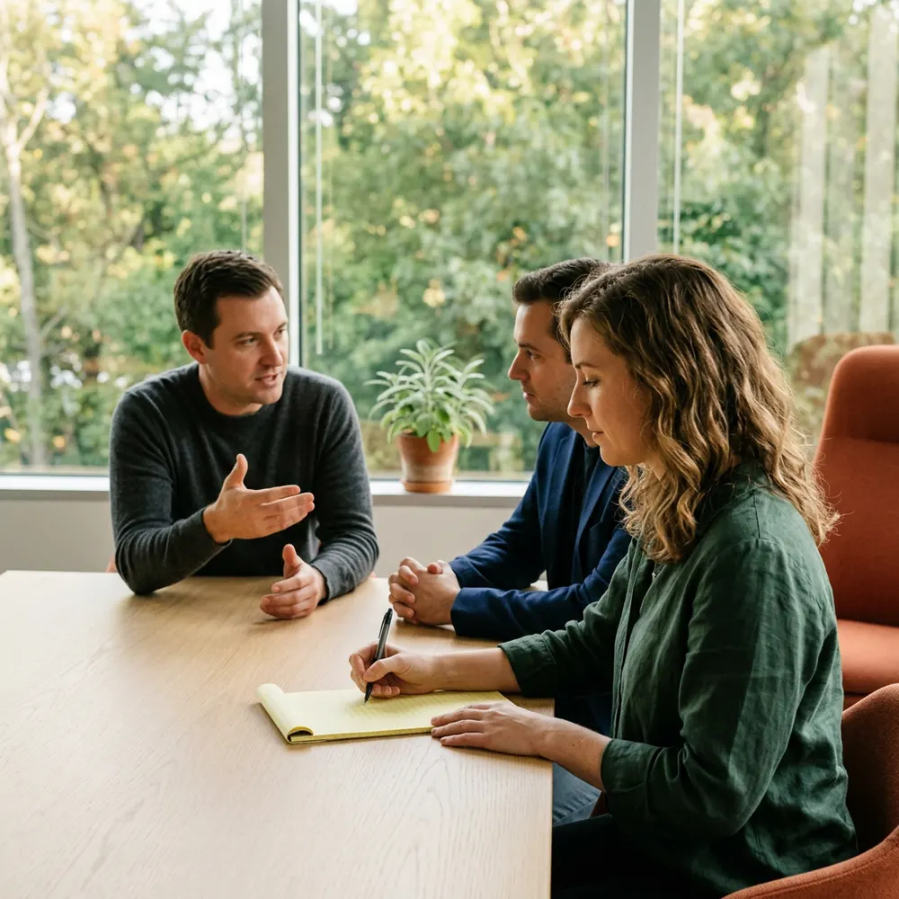 A KORE1 recruiter taking handwritten intake notes while two client leads describe an SAP module requirement