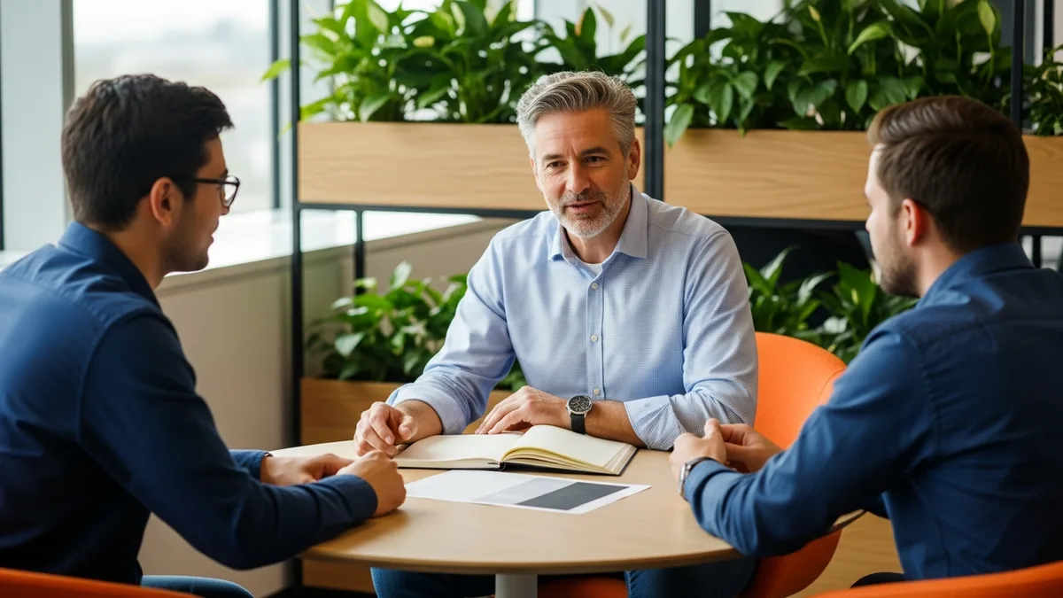 Senior agile coach mentoring two scrum masters at a table about their next career move