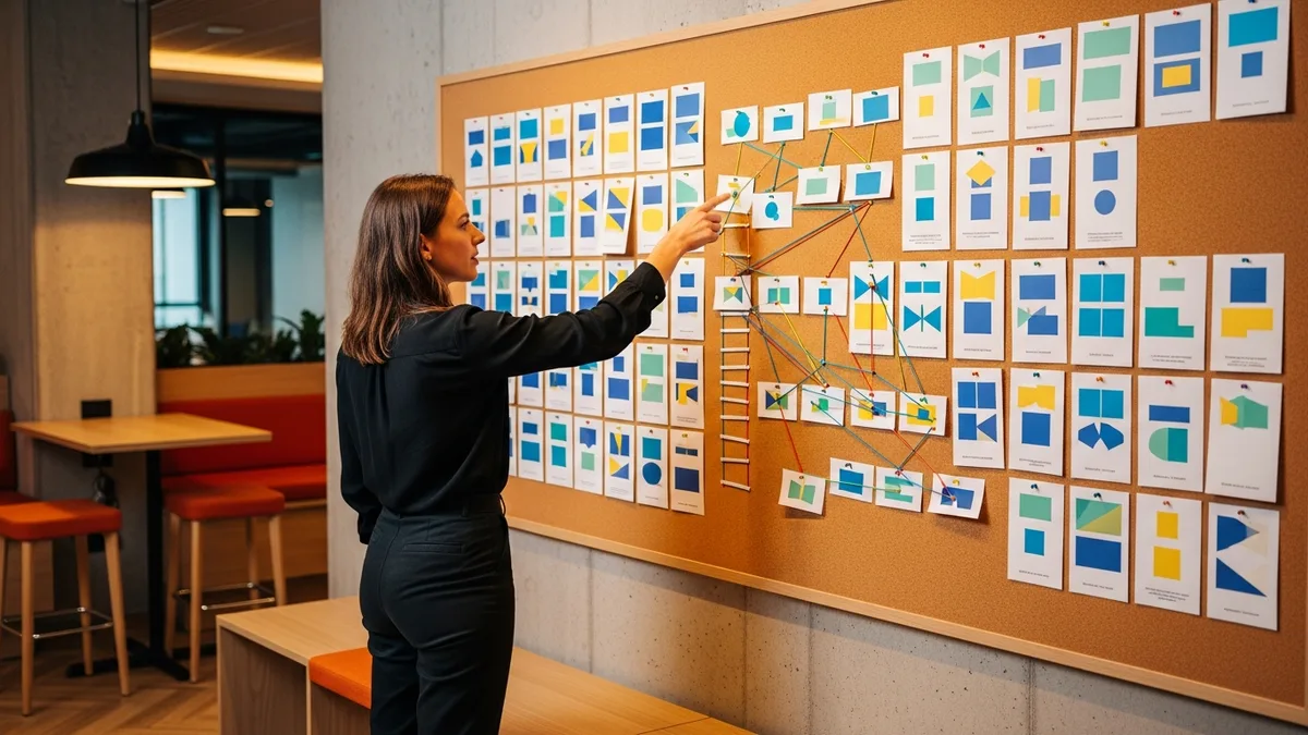 Scrum master pointing at a career ladder diagram mapping archetypes and next roles
