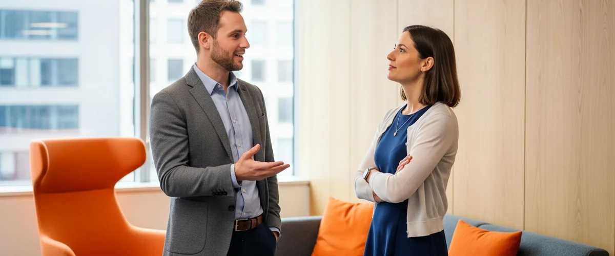 Two agile professionals discussing scrum master career path options in a modern office lounge