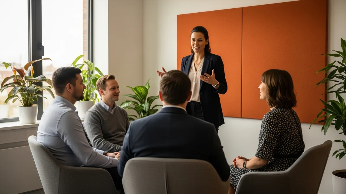 Scrum master gesturing while presenting to a small team during a career growth discussion