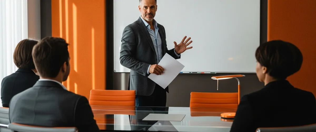 Engineering executive presenting a technical debt funding request to three seated executives in a boardroom