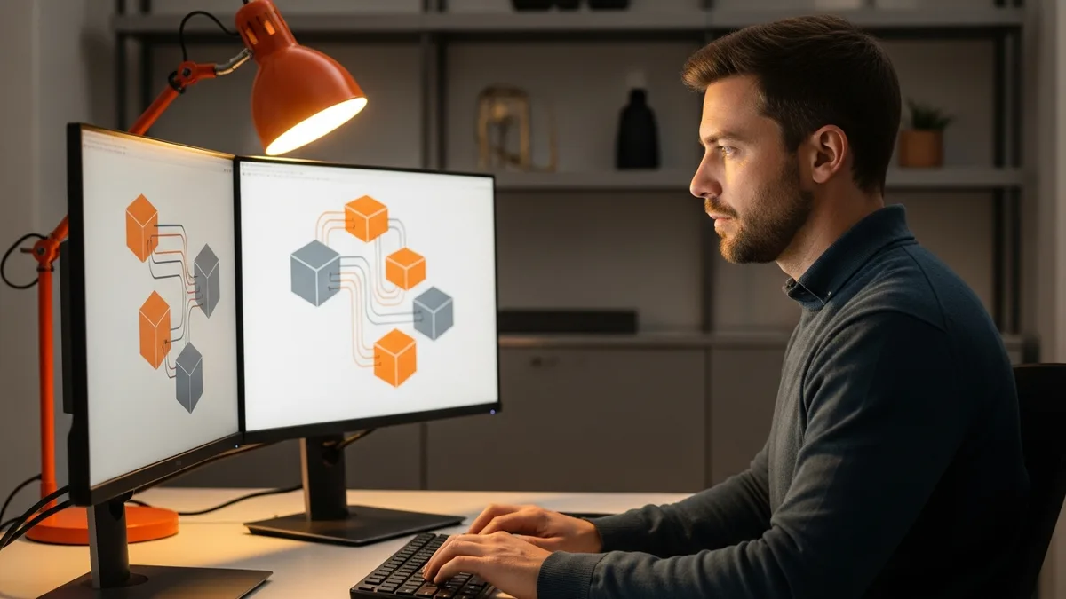 NetSuite integration specialist reviewing custom REST API architecture diagrams on dual monitors