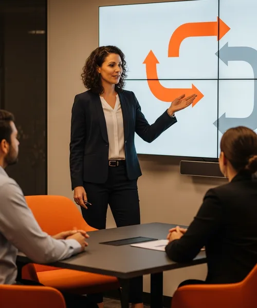 Business operations leader presenting integrated CRM and ERP workflow to a small team